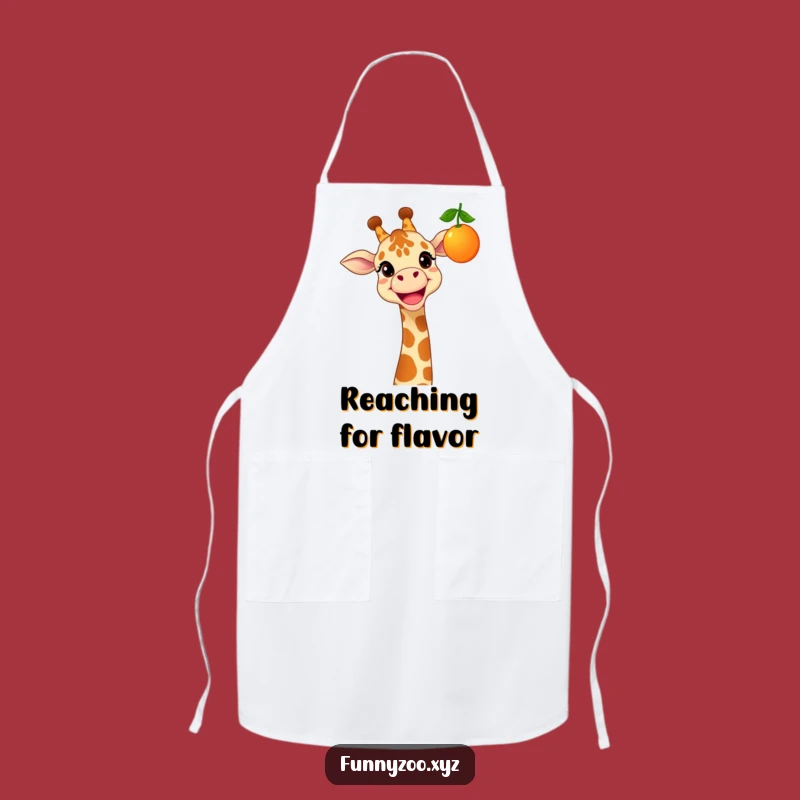 Make meal prep a joyful stretch with this funny giraffe apron! It features a smiling giraffe reaching for a colorful, tasty fruit.