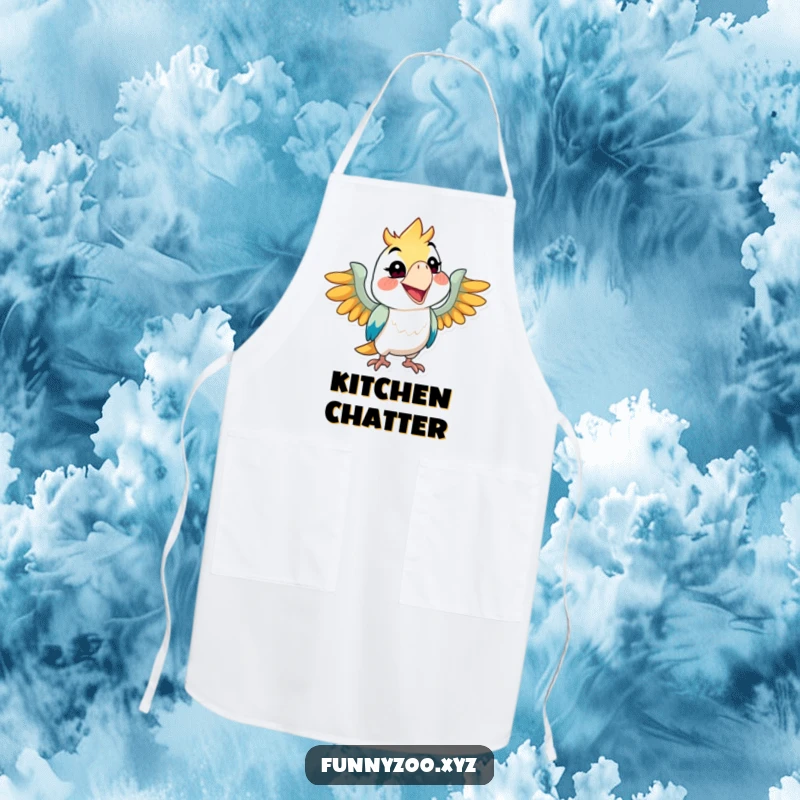 Funny parrot apron, character squawking with a wide grin while cooking, mischievous kitchen accessory, great funny gift.