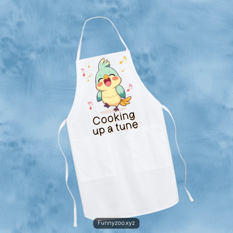 Funny Parrot Apron: A happy parrot squawking with joy, surrounded by music notes.