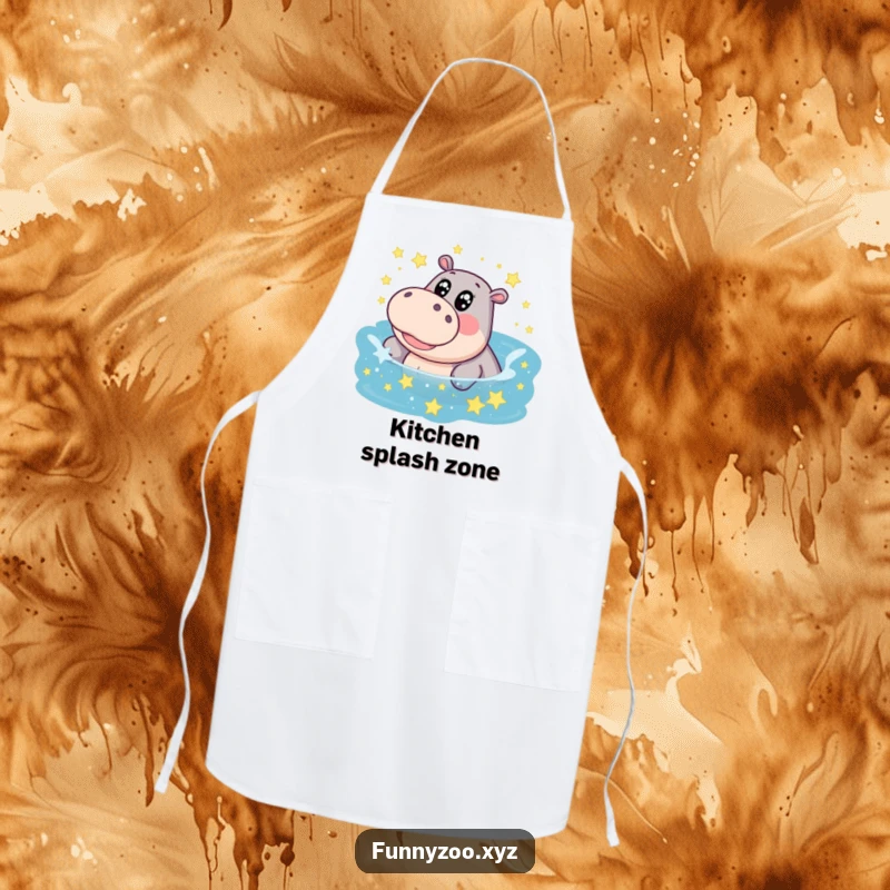 Funny hippo apron, big eyes, giggling and splashing in a star-filled pool while cooking, adding a touch of magic to kitchen tasks.