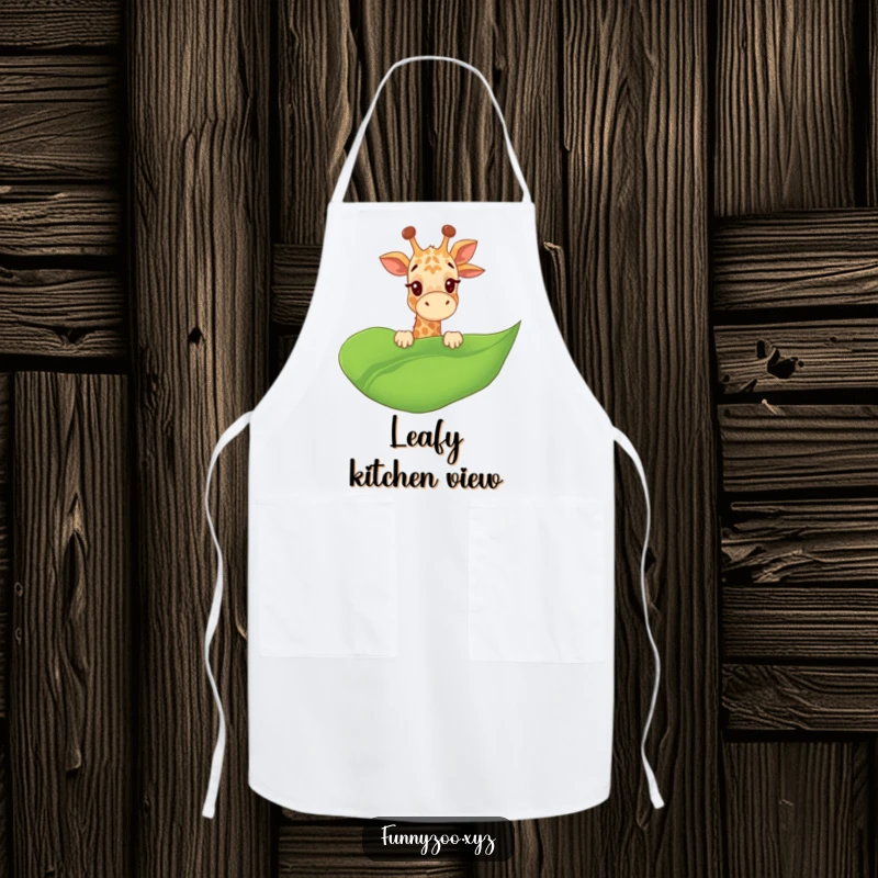 Funny Giraffe Chef Apron giggling and peeking over a giant leaf, perfect for playful cooks, a funny gift.