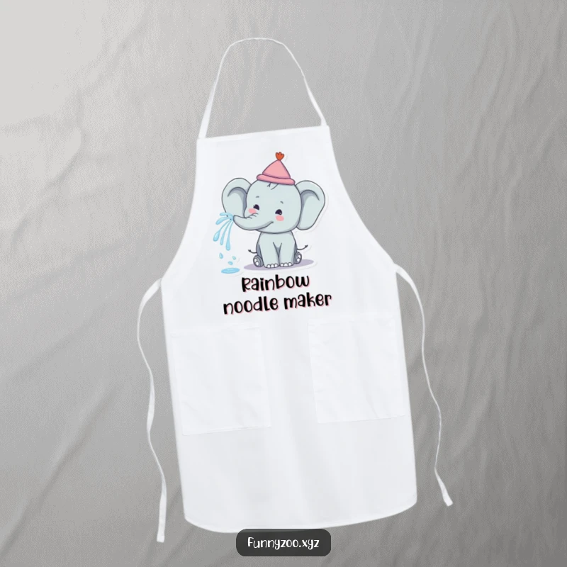 Funny Elephant Rainbow Spray Apron: A kitchen apron featuring a happy elephant spraying a rainbow from its trunk, adding colorful humor to tasks.