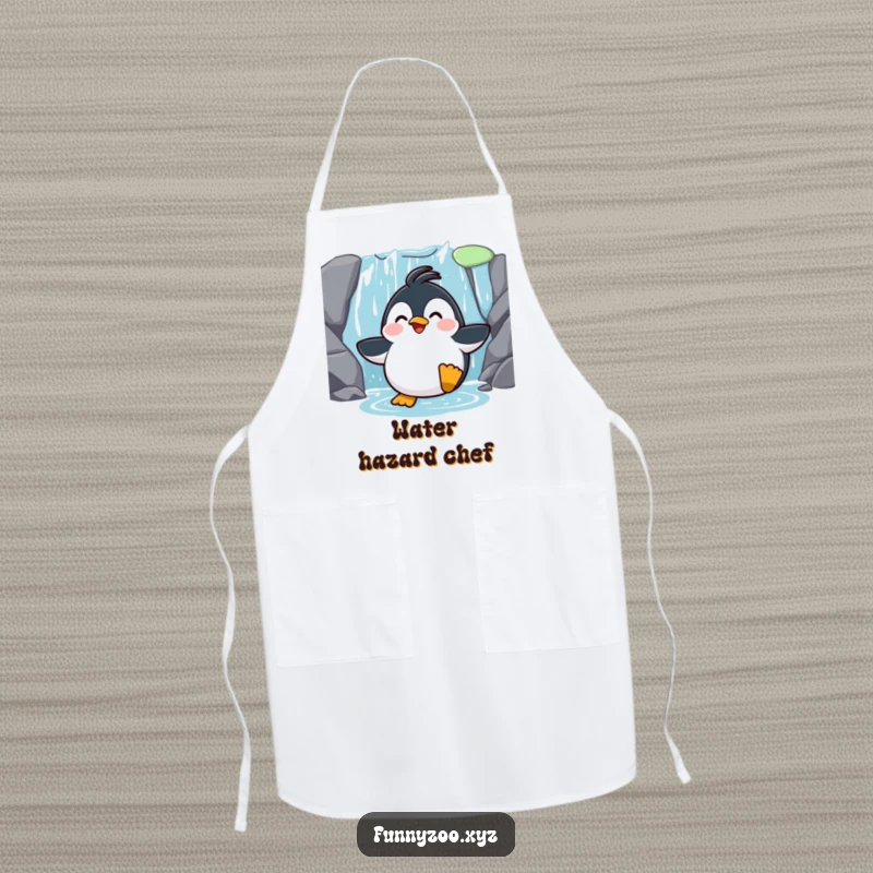 Funny Penguin Waterfall Slide Apron: A kitchen apron featuring a surprised penguin sliding down a waterfall, perfect for adding humor while cooking.