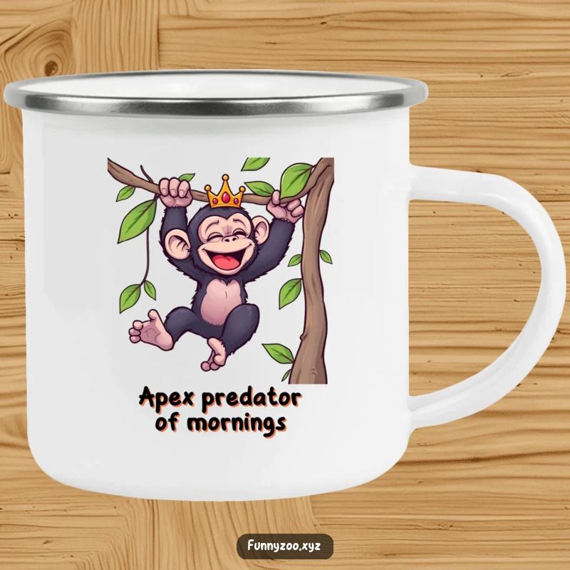 Funny camping mug with a giggling crowned chimpanzee swinging from a vine, ideal for outdoor enthusiasts seeking humor.