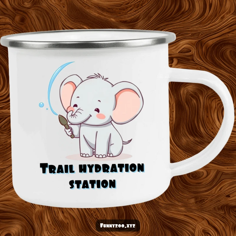 Funny elephant camping mug showing a joyful character spraying water, designed for outdoor adventures and humor.