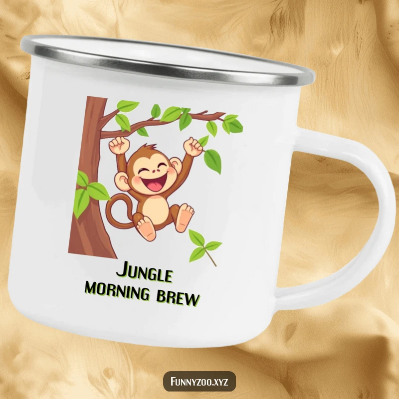 Funny monkey camping mug showing a laughing primate swinging from a vine, ideal for adventurers.