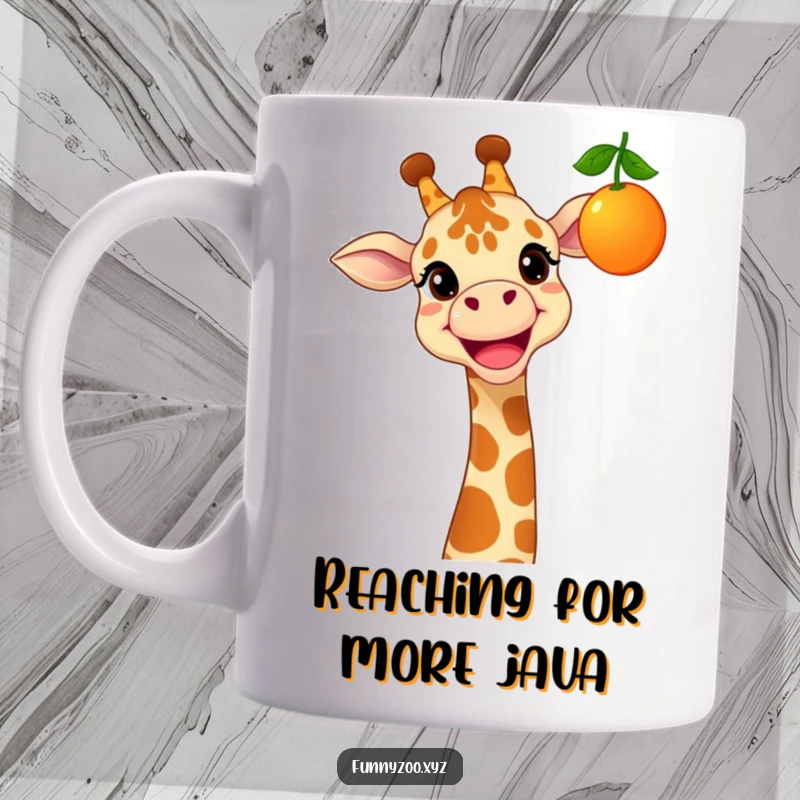 Funny mug showing a cheerful giraffe with a wide grin, reaching high for a dangling colorful fruit, embodying happiness.
