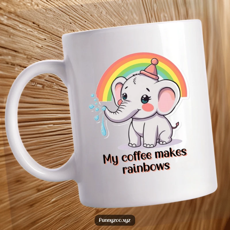 Funny Mug: Adorable elephant wearing a tiny hat, joyfully spraying a vibrant rainbow from its trunk.