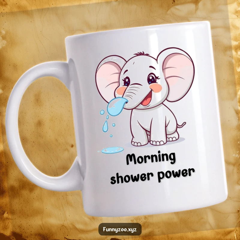 Funny cartoon elephant joyfully spraying water from its trunk on this mug. A refreshing and humorous design.