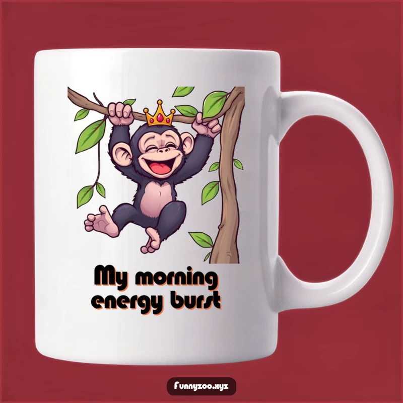 Start your day with a chimp-tastic laugh! This funny mug features a crowned primate on a wild swing, perfect for your morning brew.