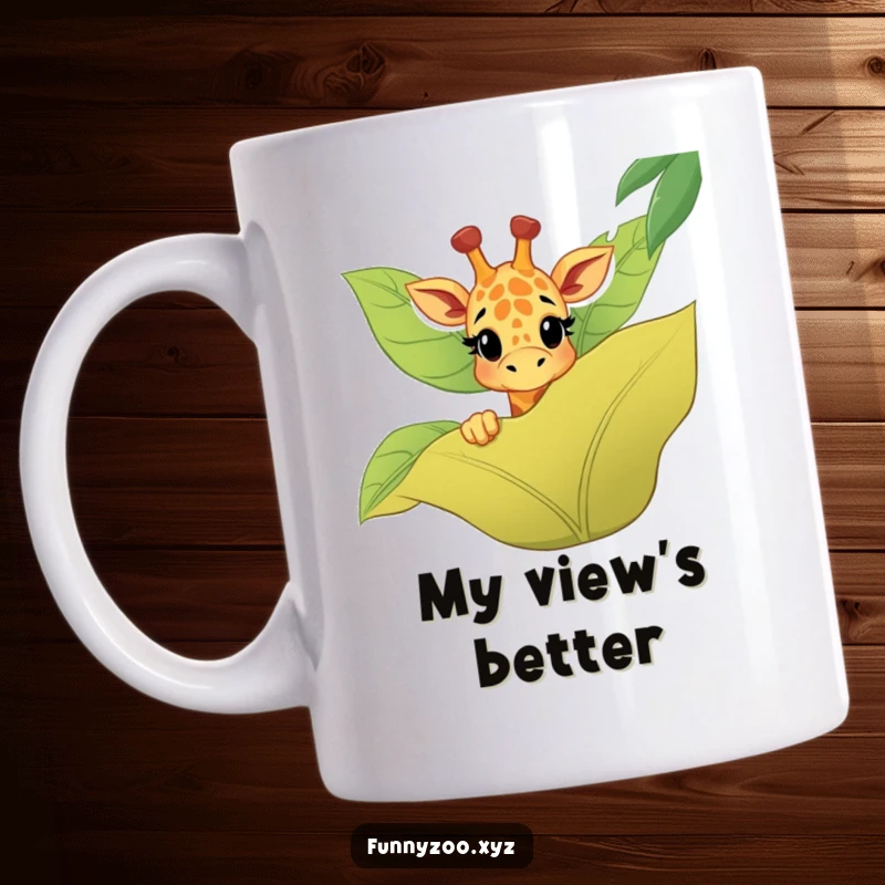 Funny giraffe mug featuring a happy character peeking over a large, stylized jungle leaf, conveying curiosity and fun.