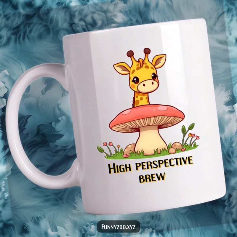 Funny Giraffe Mushroom Peek Mug: A cheerful giraffe with a long neck peeks playfully over a giant mushroom, featured on a fun mug.
