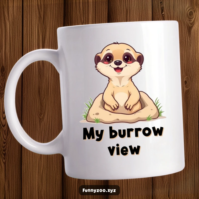 Funny Mug featuring a happy meerkat popping out of its burrow with excitement, a humorous and joyful illustration for gift-givers.