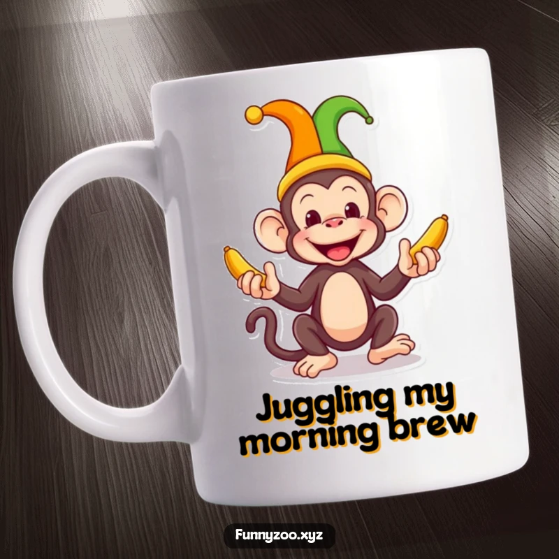Funny Monkey Jester Mug a silly monkey wearing a jester hat juggles colorful bananas with comical skill and a mischievous grin.