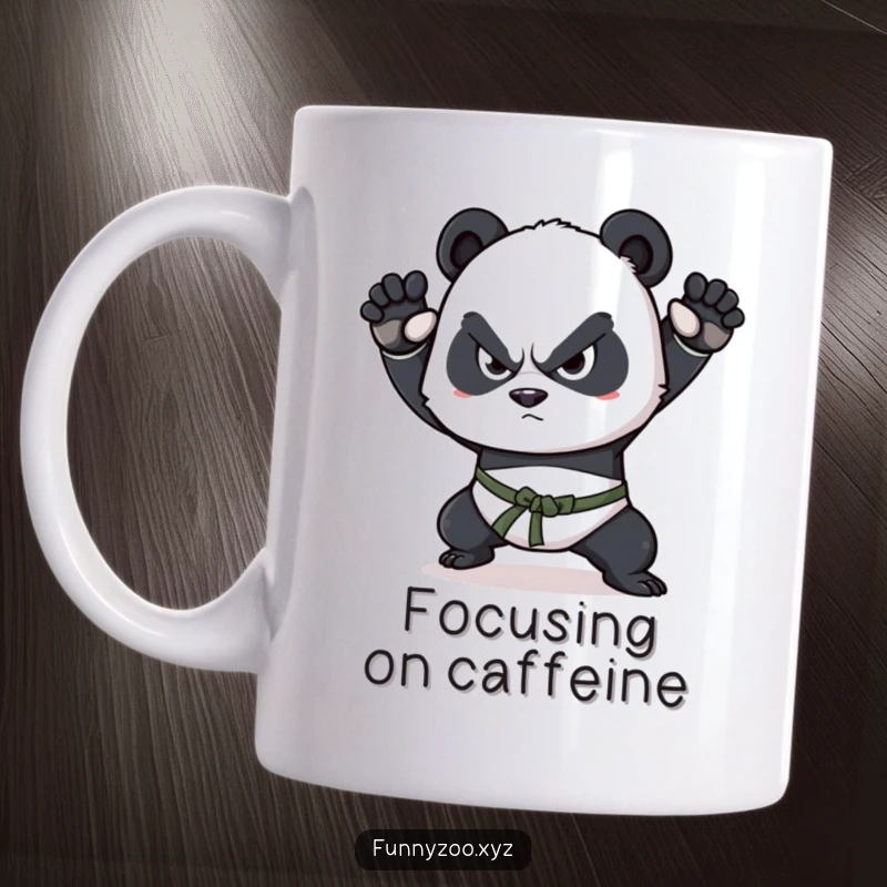 Funny panda mug, determined squint, practicing a fierce martial arts pose with focus and humorous intensity.