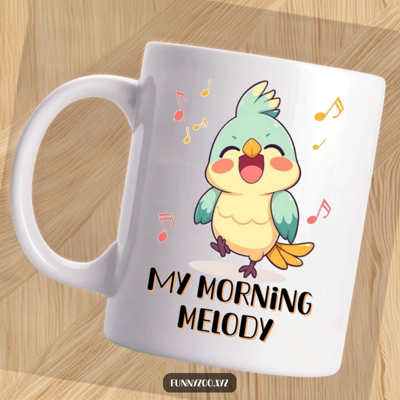 Funny Parrot Music Mug: Happy parrot squawking joyfully amidst floating musical notes.
