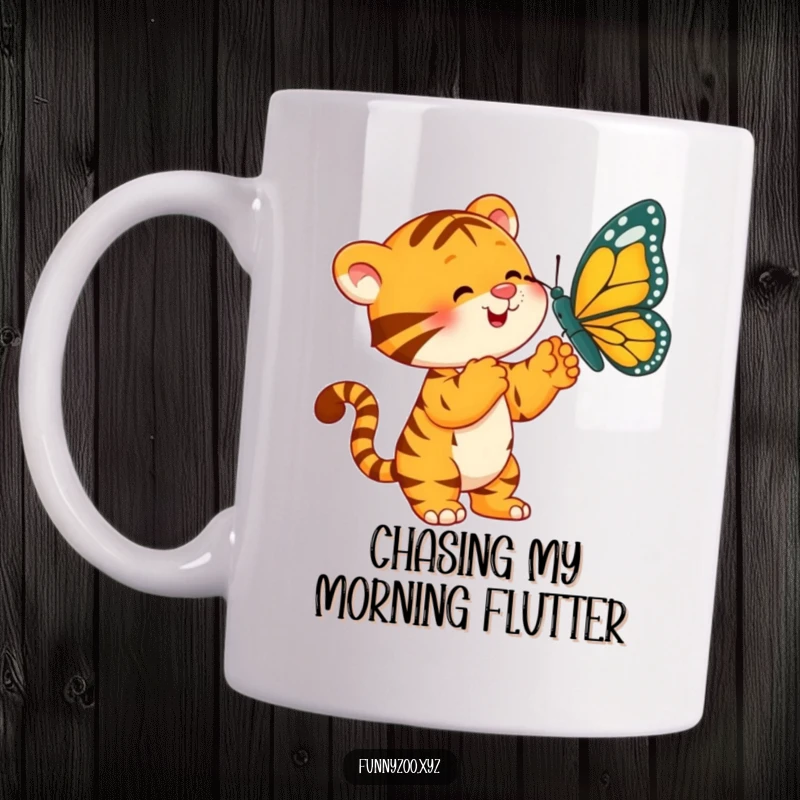 Funny Tiger Butterfly Mug: Playful tiger batting at a giant, dangling butterfly with excitement.