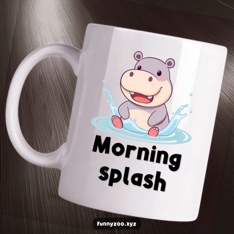 Funny Mug featuring a jolly hippo character splashing enthusiastically in water, a wet and wild humorous illustration perfect for a fun gift.