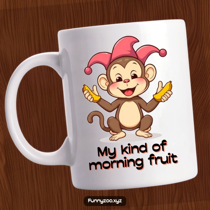 Funny Monkey Juggling Bananas Mug: A silly jester monkey energetically juggles colorful bananas, showcasing a whimsical and humorous scene.