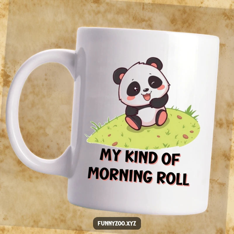 Funny mug featuring a mischievous panda character joyfully rolling down a green grassy hill, embodying playful abandon and pure fun.