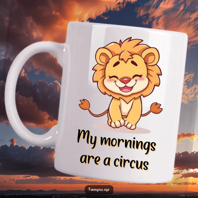 Funny Mug: Mischievous lion with a goofy grin hilariously chasing its own tail in a dizzying, joyful dance.