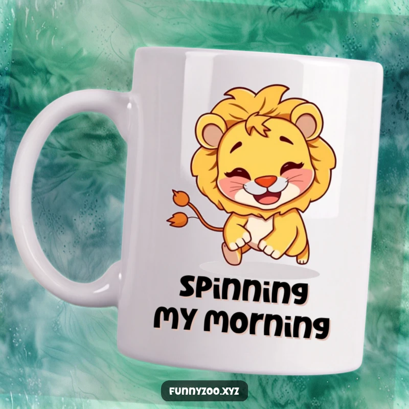Funny Lion Chasing Tail Mug: A mischievous lion with a goofy grin chases its own tail, captured on a humorous mug.
