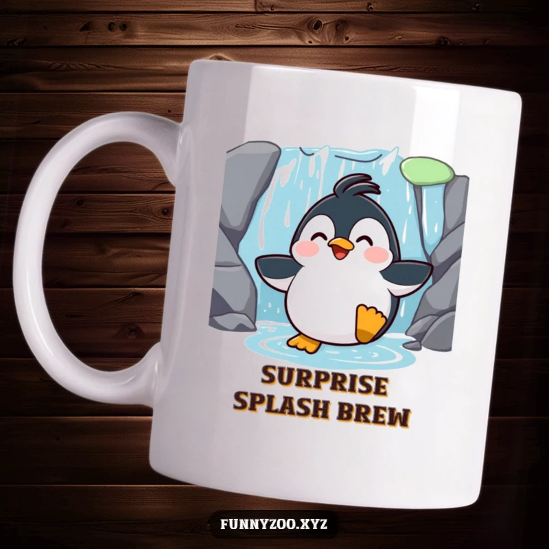 Funny Penguin Waterfall Slide Mug: A surprised penguin with slicked feathers gleefully slides down a waterfall, captured on a humorous mug.