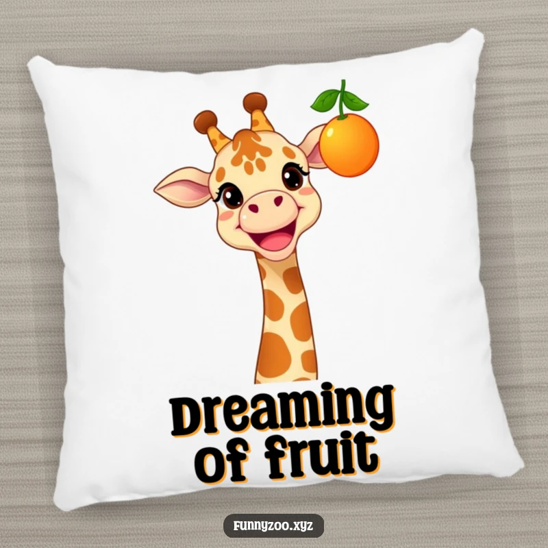 Funny pillow depicting a cheerful giraffe with a wide grin, stretching to reach a dangling, colorful fruit.