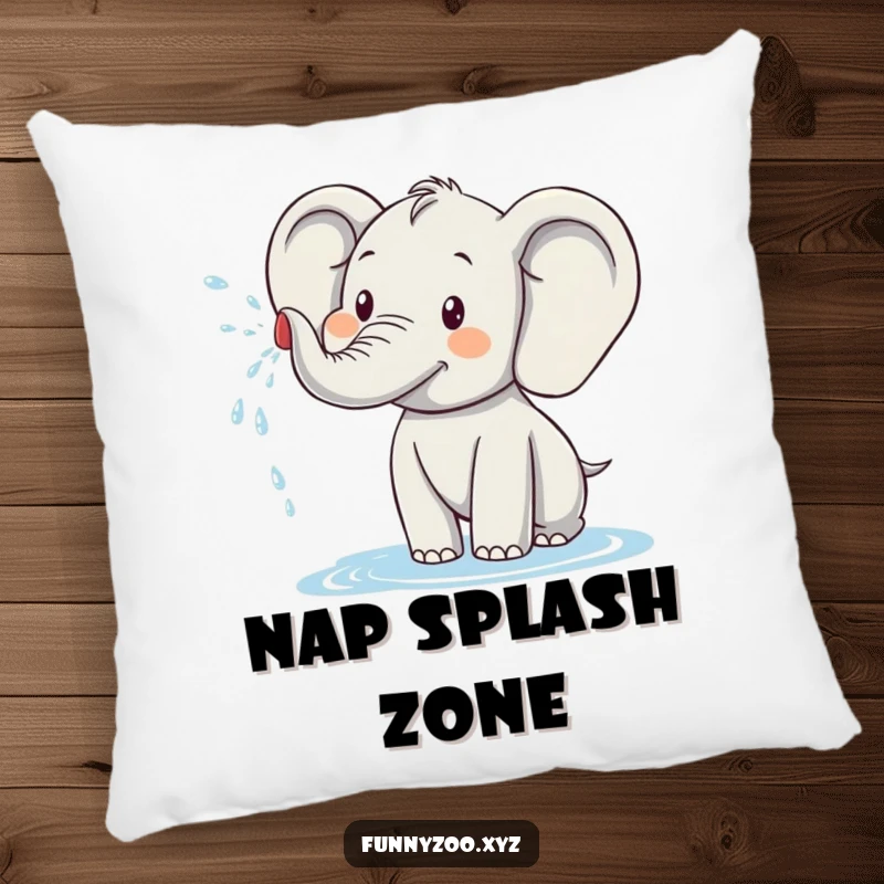 Funny elephant pillow with a plush texture, depicting a happy elephant character spraying water for a touch of playful comfort.