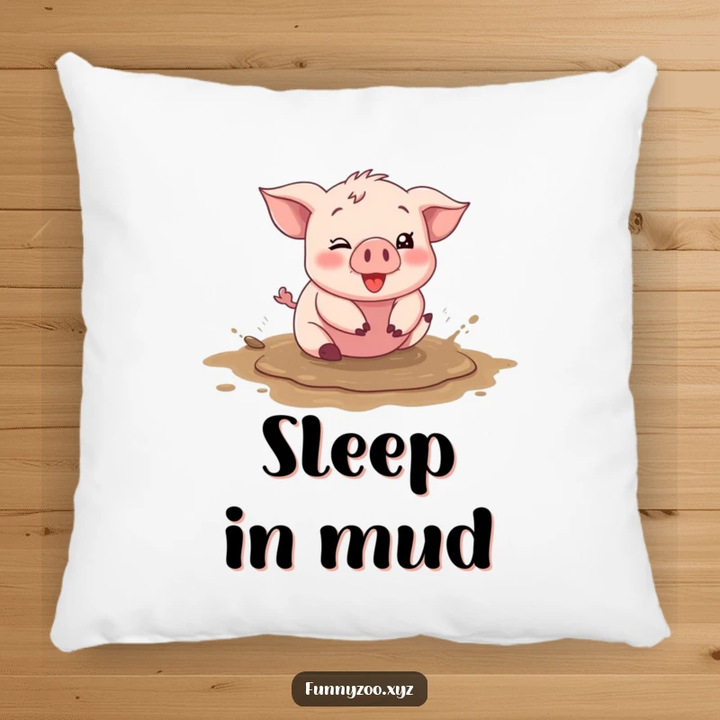Funny piglet pillow, character happily rolling in a mud puddle, soft cushion, silly and cute, perfect funny gift.