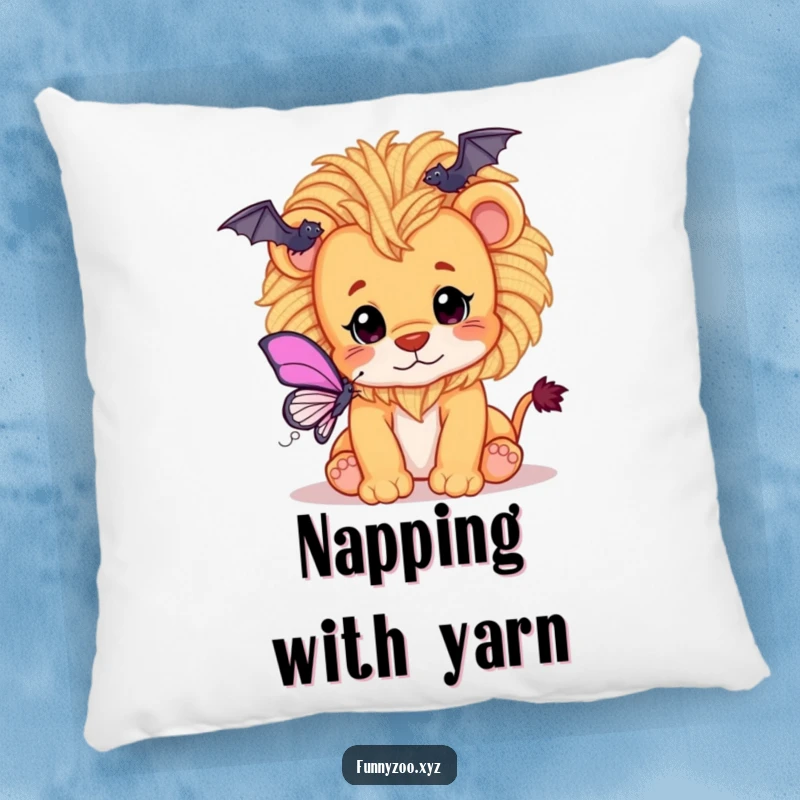Funny pillow depicting a playful lion cub with a mane of fluffy yarn, innocently batting at a butterfly.