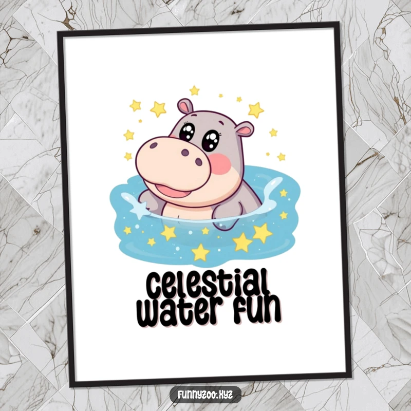 Funny hippo digital art, big eyes, giggling splash in a star-filled pool, capturing a moment of pure, whimsical delight.