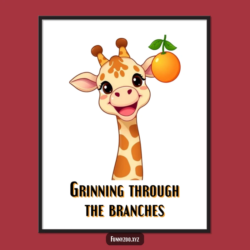 Instantly download a burst of sunshine! This funny digital art features a cheerful giraffe reaching for fruit, perfect for instant wall decor.