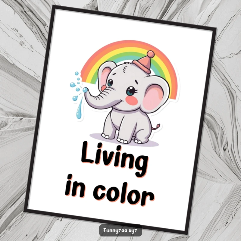 Funny Digital Art: High-resolution image of a happy elephant in a hat, spraying a vibrant rainbow from its trunk.