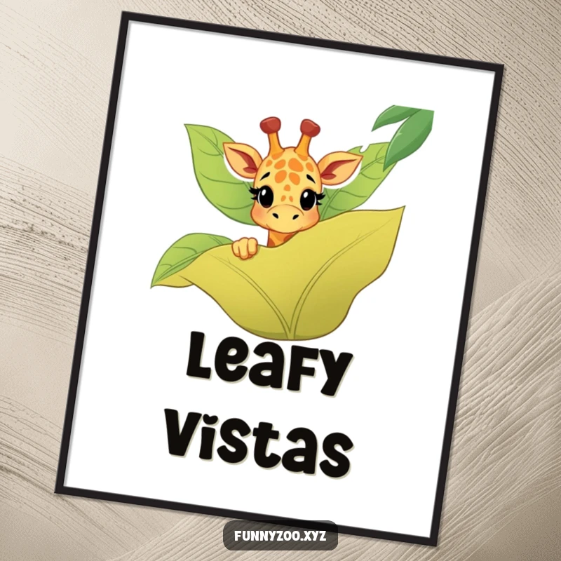 Funny giraffe digital art print showing a happy character peeking over a large jungle leaf, bringing whimsical charm.