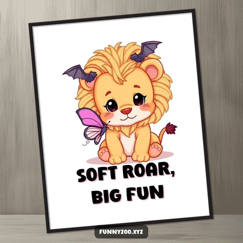 Funny digital art print of a playful lion cub with a fluffy yarn mane, batting at a butterfly.