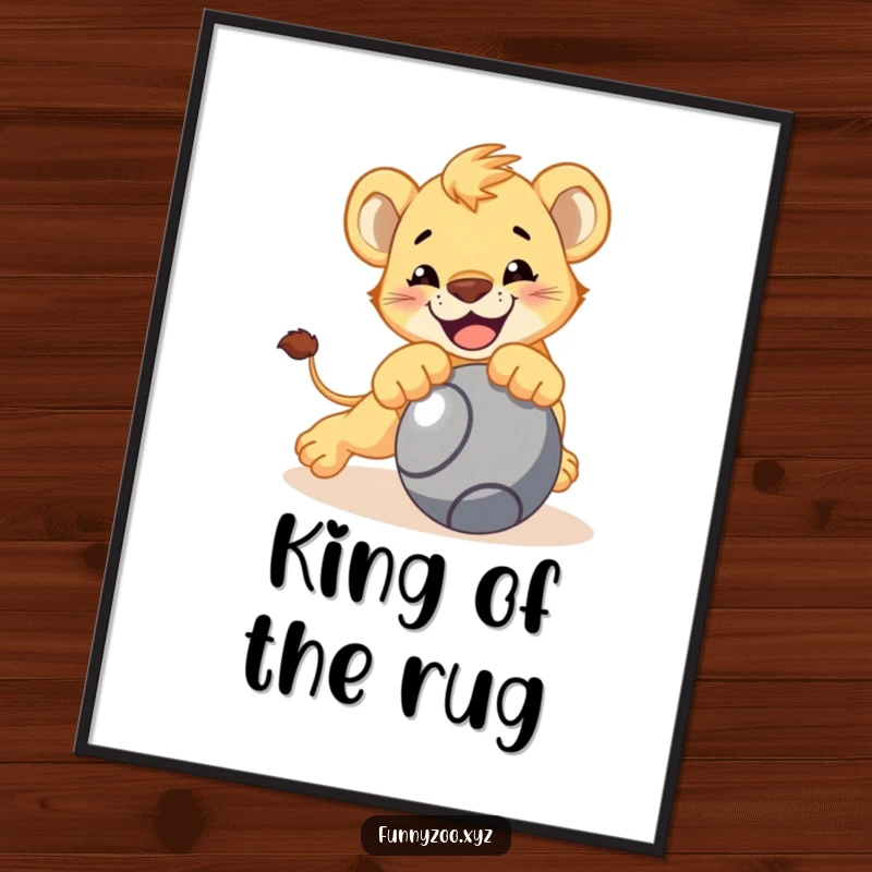 Funny lion cub digital art print, character playfully pouncing on a rolling ball, printable wall decor, bold and energetic, instant funny gift.