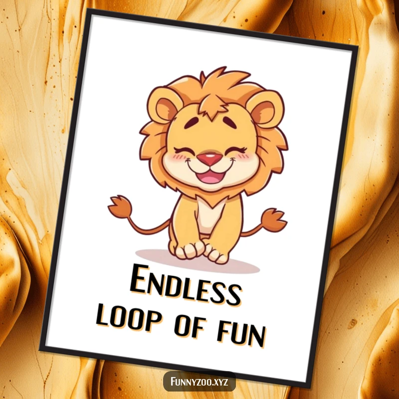 Funny Digital Art: High-resolution image of a lion with a goofy grin, comically chasing its own tail.