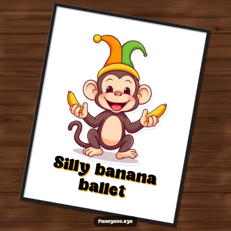 Funny Monkey Jester Digital Art Print a silly monkey juggles bananas while wearing a jester hat, offering immediate humorous decoration and a playful atmosphere.