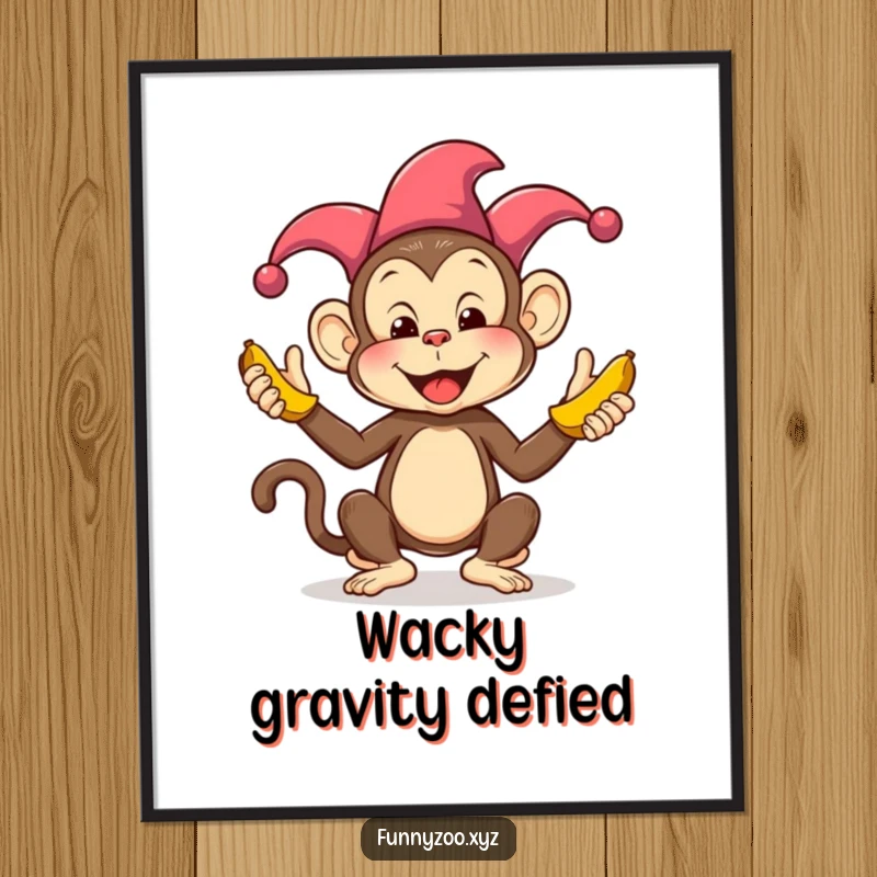 Funny Monkey Juggling Bananas Digital Art Print: A high-resolution image of a funny jester monkey juggling colorful bananas for wall decor.