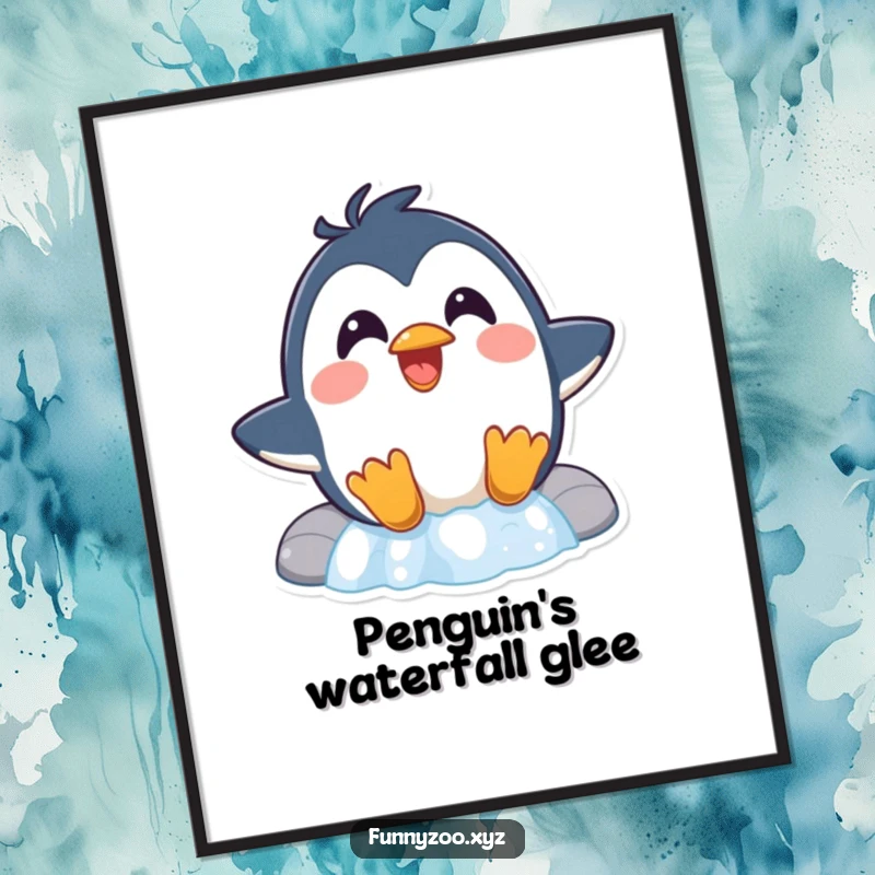 Funny Penguin Waterfall Digital Art Print a surprised penguin laughs while sliding down a waterfall, offering immediate humorous decoration and a sense of thrilling fun.