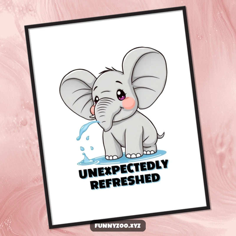 Funny digital art print of a surprised elephant with oversized ears, playfully spraying water, perfect for printable decor.