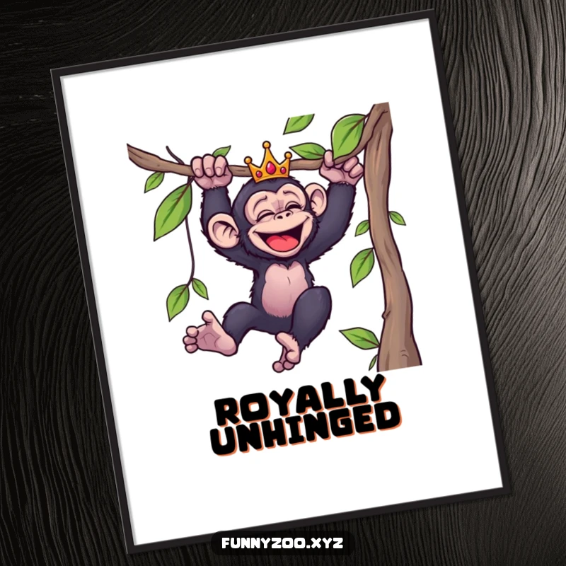 Funny digital art print of a crowned chimpanzee giggling while swinging from a vine, perfect for printable wall art.