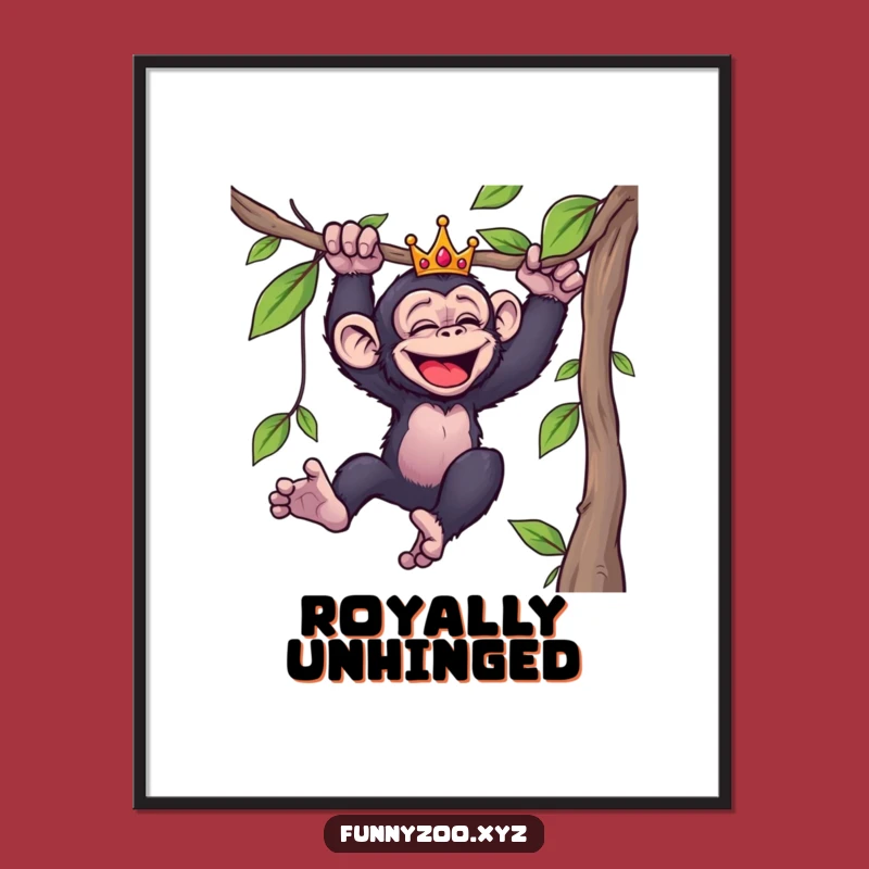 Funny Giggling Chimp Digital Art: Printable Primate Joy with a Crowned Swinging Design