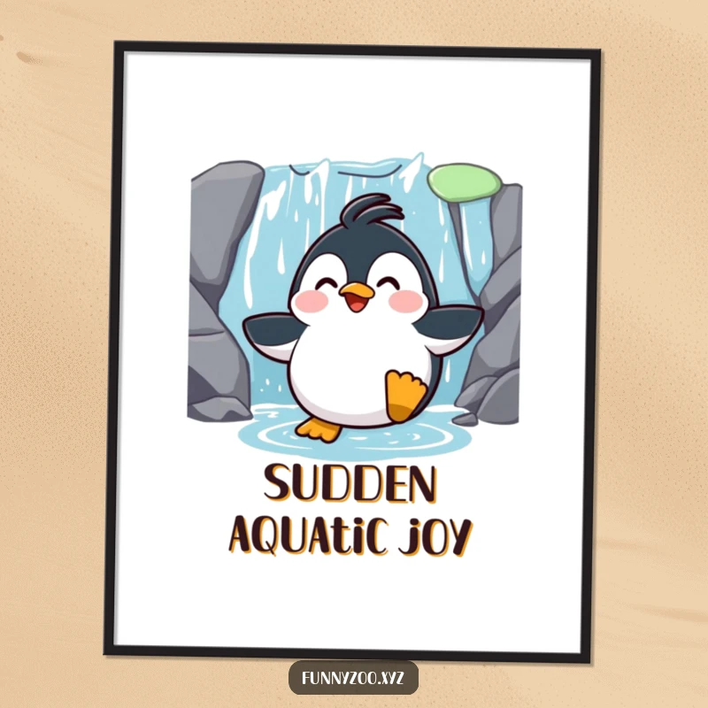 Funny Penguin Waterfall Slide Digital Art Print: A high-resolution image of a surprised penguin sliding down a waterfall, for humorous wall decor.