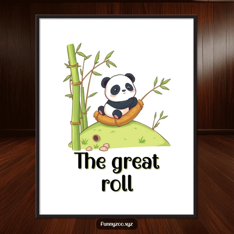 Funny Panda Digital Art: A panda is humorously rolling down a hill inside a bamboo stalk.