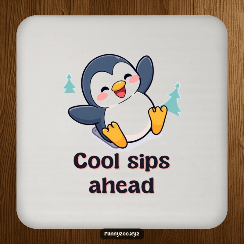 Funny penguin coaster with a joyful character sliding down a snowy hill with a big grin, perfect for protecting surfaces humorously.