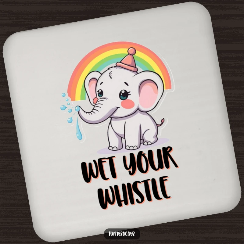 Funny Coaster: Durable disk featuring a happy elephant wearing a hat, spraying a colorful rainbow from its trunk.