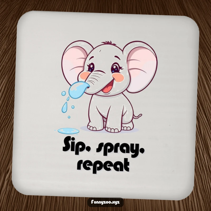 Funny cartoon elephant spraying water from its trunk on a drink coaster. Protects furniture with humorous charm.