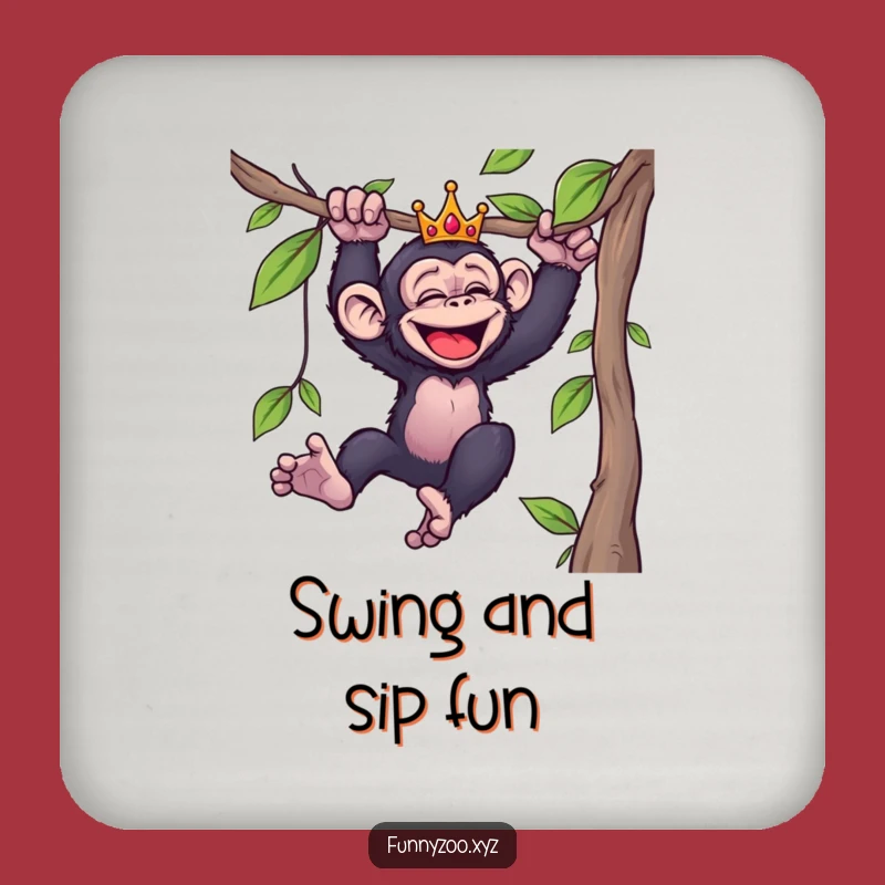 Keep your tables safe from rings and add a touch of laughter with this funny coaster! It features a crowned chimp in mid-swing.